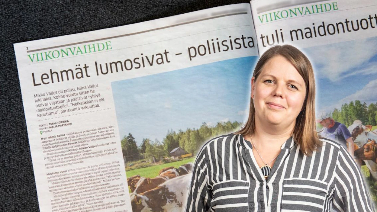 MT:n toimittaja Terhi Torikka kirjoitti viime vuoden parhaan maatalousalan lehtijutun. Voitostaan iloisesti yllättynyt Torikka ei päässyt palkintotilaisuuteen, mutta otti voiton vastaan videon välityksellä.