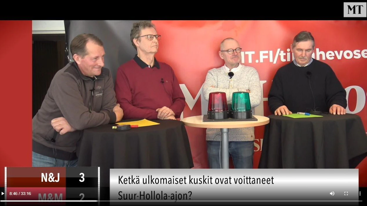 MT Ravivisan sunnuntain jaksossa arvuutellaan muun muassa, että ketkä ulkomaalaiset ohjastajat ovat voittaneet Suur-Hollolan. Kilpailemassa ovat Ari Moilanen (vas.), Timo Mahlamäki, Roger Johansson ja Hannu Nyman.