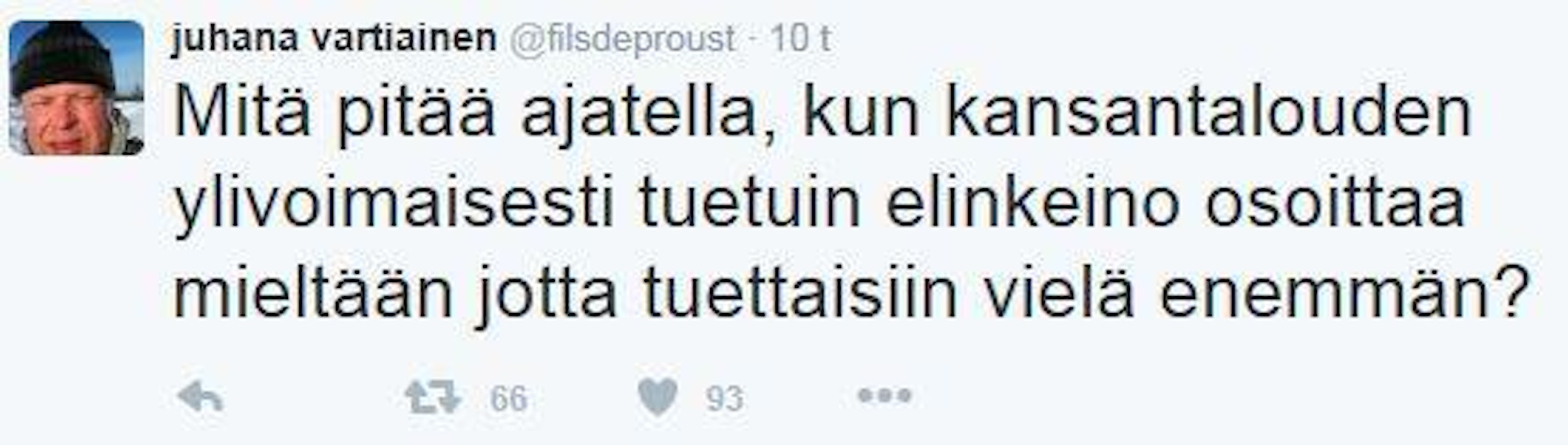 Kokoomuksen Juhana Vartiaiselta ei viljelijöille sympatiaa heru.