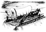 Ingallsit tekivät pitkän vaelluksensa hevosten vetämillä vankkureilla. Vuonna 1869 matkalla Wisconsinista Kansasiin perhe ylitti Missourijoen lautalla. Garth Williamsin kuvitusta kirjasta Pieni talo preerialla (Gummerus 1957).