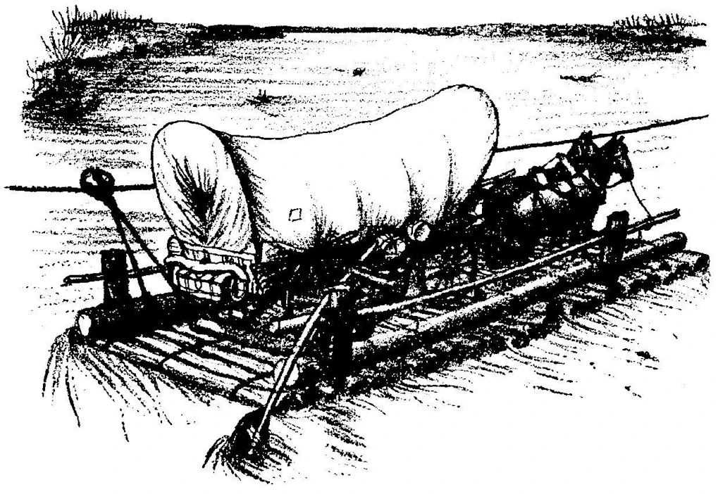 Ingallsit tekivät pitkän vaelluksensa hevosten vetämillä vankkureilla. Vuonna 1869 matkalla Wisconsinista Kansasiin perhe ylitti Missourijoen lautalla. Garth Williamsin kuvitusta kirjasta Pieni talo preerialla (Gummerus 1957).
