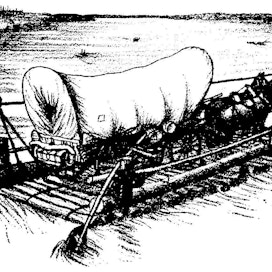 Ingallsit tekivät pitkän vaelluksensa hevosten vetämillä vankkureilla. Vuonna 1869 matkalla Wisconsinista Kansasiin perhe ylitti Missourijoen lautalla. Garth Williamsin kuvitusta kirjasta Pieni talo preerialla (Gummerus 1957).