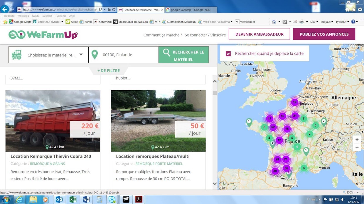 WeFarmUp-palvelusta löytyy hyvä valikoima erilaisia työkoneita. Kolmiakselisen Thievin Cobra 240 -vaunun päivävuokra on 220 euroa. Trailerin saa puolestaan päiväksi vuokralle 50 eurolla. Vuokrattavien koneiden sijainti näkyy kartalta.