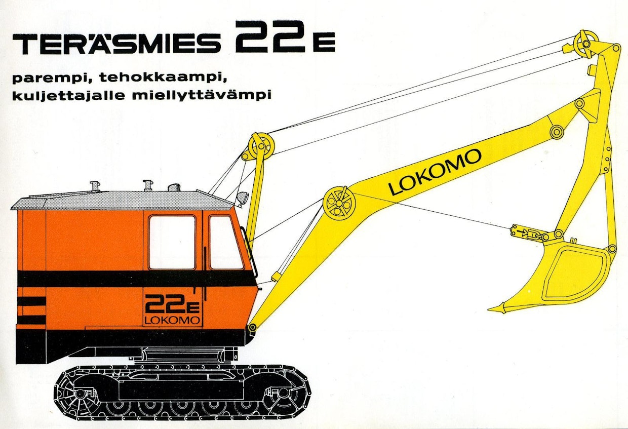 Lokomon kaivinkoneet uudistuivat 1965 ja merkiksi siitä mallinumeron perään lisättiin E-kirjain samalla, kun hytin väritys vaihdettiin koko-oranssiin. Uudistuksen myötä pääasialliseksi moottoritoimittajaksi tuli Scania. Lokomo käytti kaivinkoneissaan hyvin omintakeista umpinaiseen koteloon rakennettua keskushammaspyörästöä, jota kutsuttiin käyttäjien piirissä ”kirnuksi”. Tämä rakenne säilyi loppuun saakka. Lokomo 22E oli edelleen mekaanisilla vivuilla ajettava kone. Monessa muussa suhteessa se oli jo varsin hyvä kone. Sen seuraajana vuonna 1967 esitelty Lokomo 24 paineilmaesiohjauksella oli lopulta lähes ulkomaisten parhaiden esikuvien veroinen kaivinkone. Ikävä kyllä, tässä vaiheessa vaijerikaivinkoneiden aika oli jo ohitse ja ostajat halusivat hydraulisia koneita.