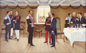 Tsaari Aleksanteri II (keskellä vasemmalla) ja J. V. Snellman (keskellä oikealla) tapasivat Parolassa vuonna 1863. Samalla kerralla Snellman antoi kieliasetuksen tsaarille allekirjoitettavaksi. Suomalaisen taiteilija Werner von Hausenin maalaus on vuodelta 1906. museoviraston kokoelma