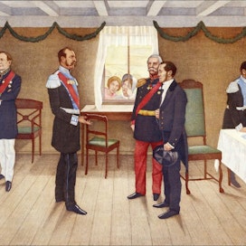 Tsaari Aleksanteri II (keskellä vasemmalla) ja J. V. Snellman (keskellä oikealla) tapasivat Parolassa vuonna 1863. Samalla kerralla Snellman antoi kieliasetuksen tsaarille allekirjoitettavaksi. Suomalaisen taiteilija Werner von Hausenin maalaus on vuodelta 1906. museoviraston kokoelma