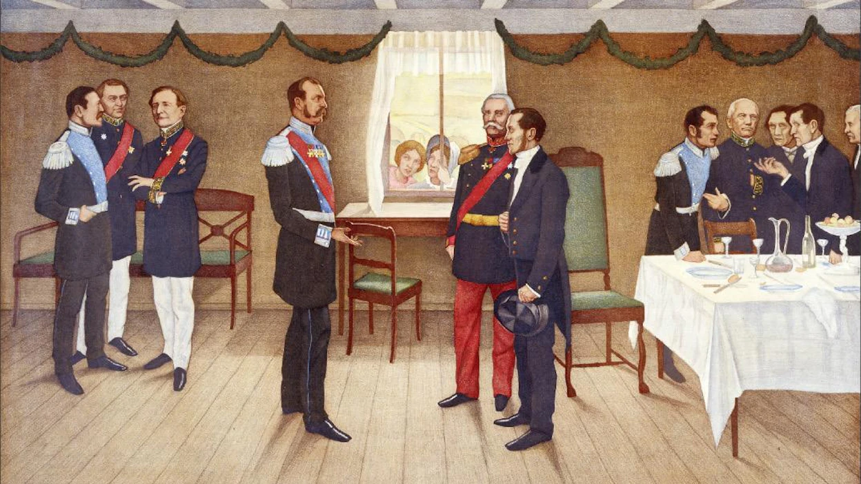 Tsaari Aleksanteri II (keskellä vasemmalla) ja J. V. Snellman (keskellä oikealla) tapasivat Parolassa vuonna 1863. Samalla kerralla Snellman antoi kieliasetuksen tsaarille allekirjoitettavaksi. Suomalaisen taiteilija Werner von Hausenin maalaus on vuodelta 1906. museoviraston kokoelma
