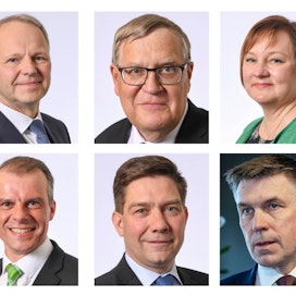 Seuraava maa- ja metsätalousministeri löytyy todennäköisesti tästä joukosta. Vasemmalta ylhäältä: Jari Leppä, Esko Kiviranta, Anne Kalmari, Juha Pylväs, Thomas Blomqvist ja Juha Marttila.