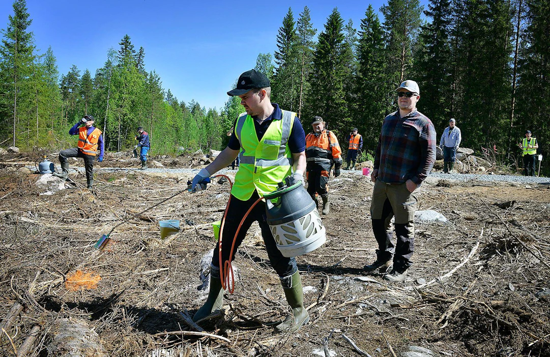 Tästä se alkaa. Risto Rönkkö sytyttää luonnonhoidollisen kulovalkean. Lähimpänä oikealla on metsänomistaja Marko Ahola.