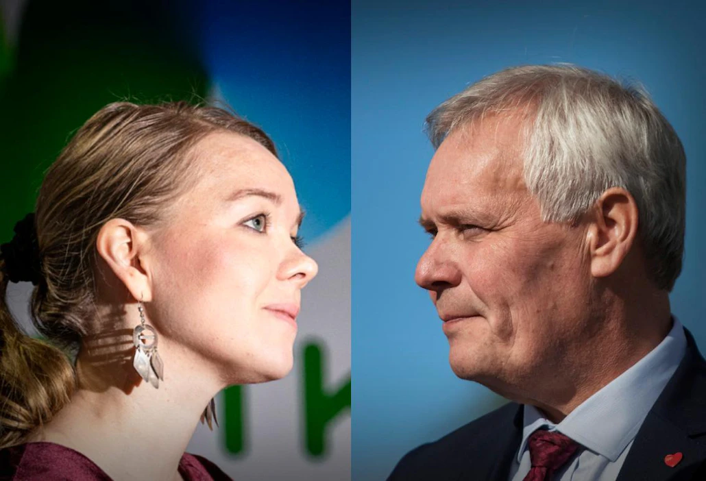 Keskustan puheenjohtaja Katri Kulmuni ja pääministeri Antti Rinne (sd.) tapavaat paraikaa valtioneuvoston linnassa.
