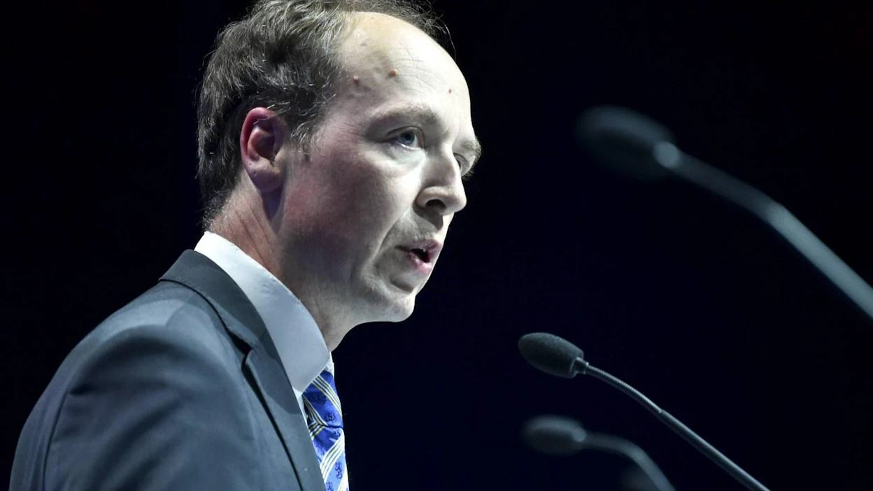 Puheenjohtaja Jussi Halla-aho perussuomalaisten puolueneuvoston kokouksessa Lahdessa. LEHTIKUVA / JUSSI NUKARI