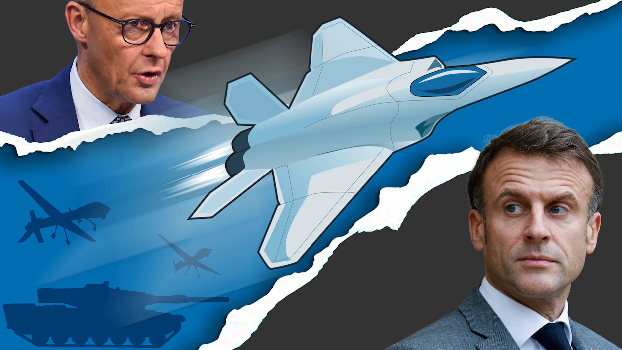 Saksan Friedrich Merz (vas.) ja Ranskan Emmanuel Macron eivät ole pystyneet sopimaan maiden välistä hävittäjäriitaa.