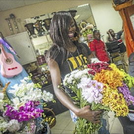 Kisha Drichiru haki täydennystä leikkokrysanteemien myyntihyllyyn Ugandan pääkaupungissa Kampalassa. Krysanteemeja viedään ruusujen jälkeen eniten. Juho Paavola