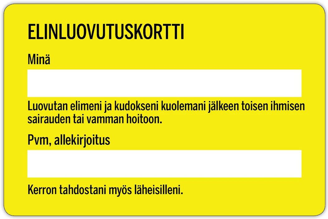 Elinluovutustahtonsa voi kortin lisäksi kirjata Kelan ylläpitämään sähköiseen Omakanta-palveluun.
