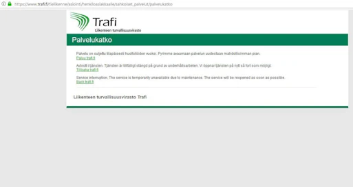 Trafi sulki palvelun eilen, kun sähköisiin asiointipalveluihin kuuluvat ajokorttitiedot herättivät huolta. LEHTIKUVA/HANDOUT