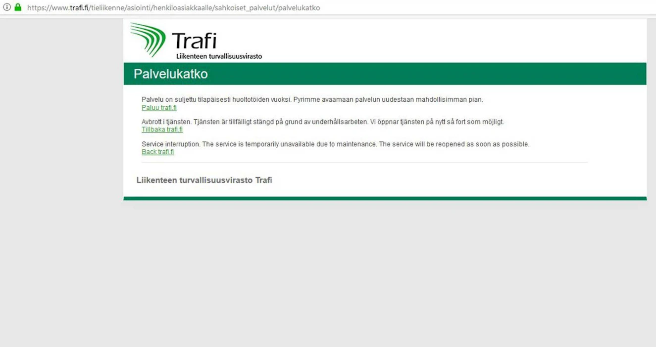 Trafi sulki palvelun eilen, kun sähköisiin asiointipalveluihin kuuluvat ajokorttitiedot herättivät huolta. LEHTIKUVA/HANDOUT