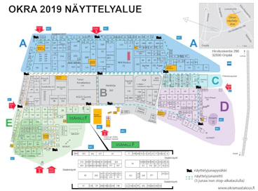 Kuvan kartassa on nähtävissä näyttelyalueen osastot. Koneviestin löydät osastolta A55, näyttelyjunapysäkin vierestä.