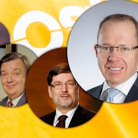 Kuvassa ovat Postin johtajina toimineet Gustaf Ladau (vas.), Pekka Vennamo, Jukka Alho ja Heikki Malinen.