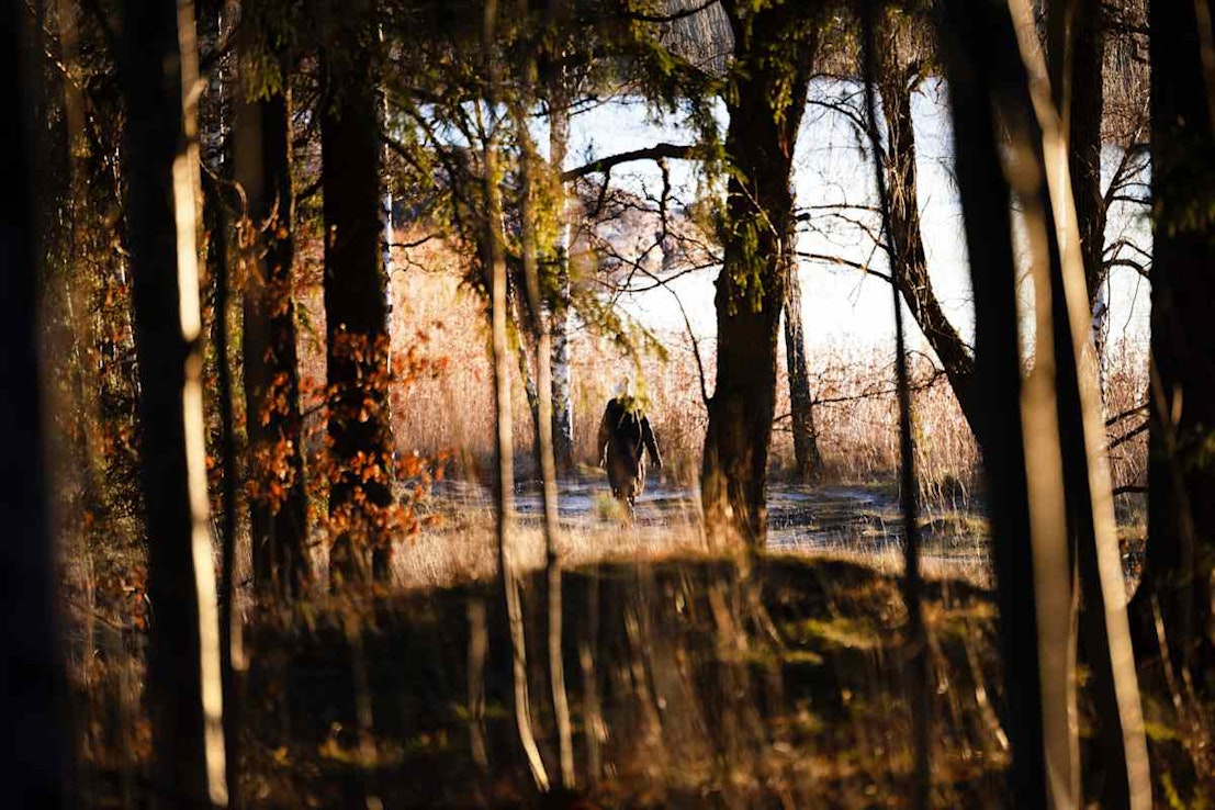 Henkilö kävelee ulkona meren rannalla lumettomassa talvimaisemassa.