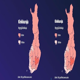 Suomen karttaan merkitty väreillä maakunnat, joissa myytiin eniten ja vähiten kinkkuja vuonna 2024.