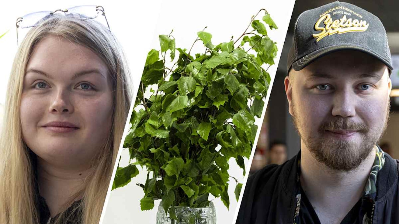 Kuvassa kaksi henkilöä ja maljakkoon asetettu koivuvasta valkoista taustaa vasten.