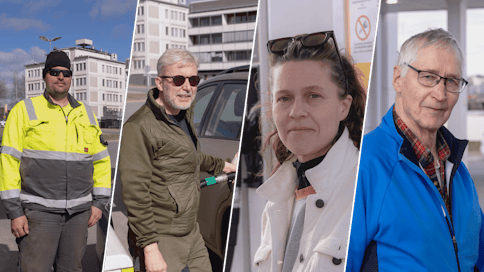 Neljän ihmisen kollaasikuva bensapumpuilta.
