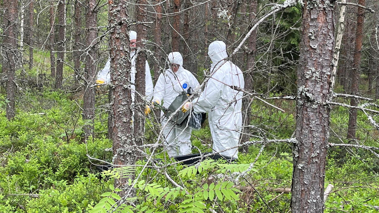 Viime kesän harjoitukseen Virolahdella osallistuneet perehtymässä kuolleen eläimen oikeaoppiseen kuljettamiseen.
