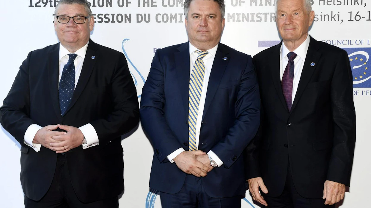 Euroopan neuvoston ulkoministerikokous alkoi aamulla Finlandia-talolla. Kuvassa Suomen ulkoministeri Timo Soini, Ukrainan varaulkoministeri Serhi Kyslytsja ja Euroopan neuvoston pääsihteeri Thorbjörn Jagland.