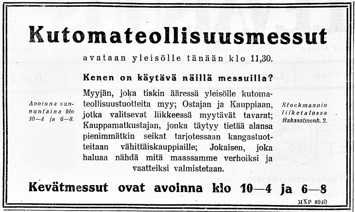Kauppamatkustajaakin kehotettiin käymään kutomateollisuusmessuilla.