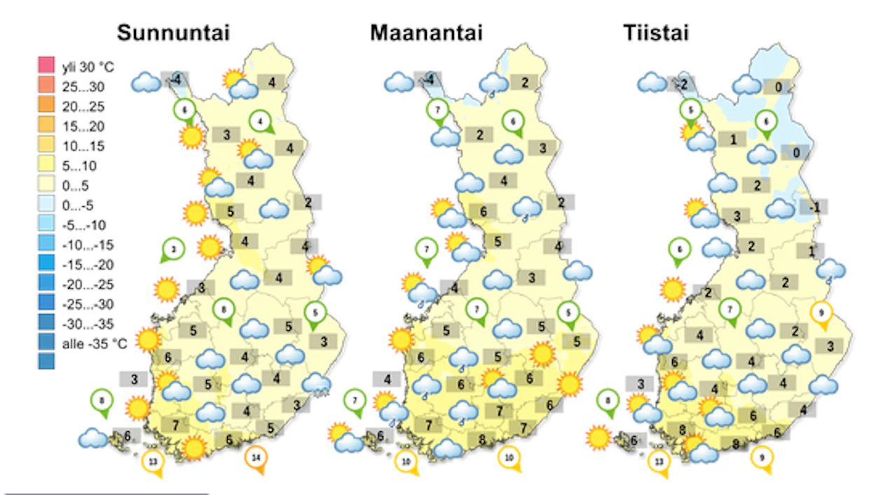 Sääennuste sunnuntaista tiistaihin.