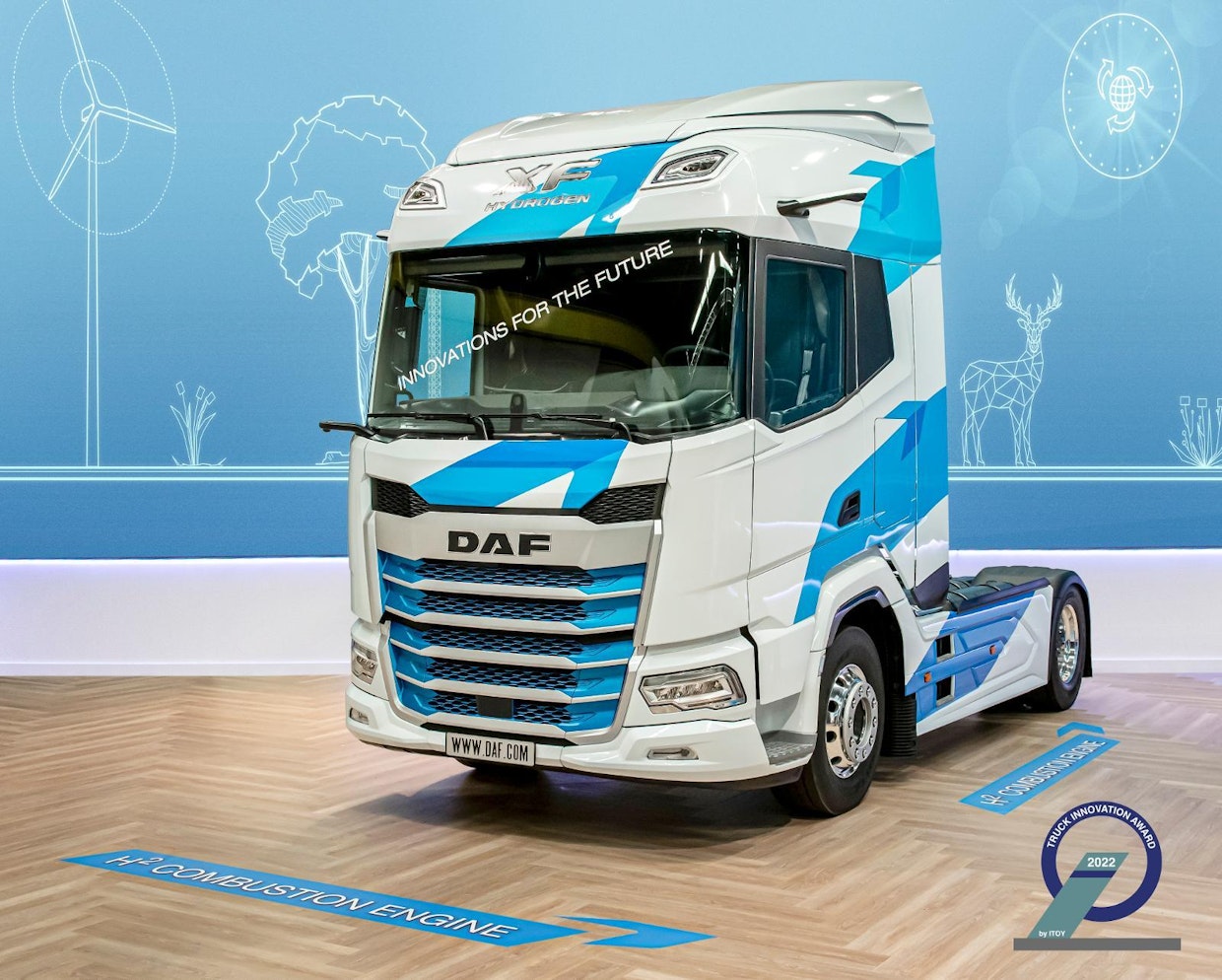 Vetypolttomoottoritekniikalla varustettu XF DAF XF H2-kuorma-auto palkittiin ”Truck Innovation Award 2022” -palkinnolla. Palkinnot luovutettiin Solutrans-kuljetusnäyttelyssä Lyonissa Ranskassa.