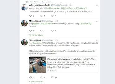 Ex-kansanedustaja MIkko Kärnä ihmetteli twiitissäään lauantaina Veikkauksen sivulla ollutta juttua karjankasvatuksesta. Pari tuntia myöhemmin juttu poistettiin sivuilta.
