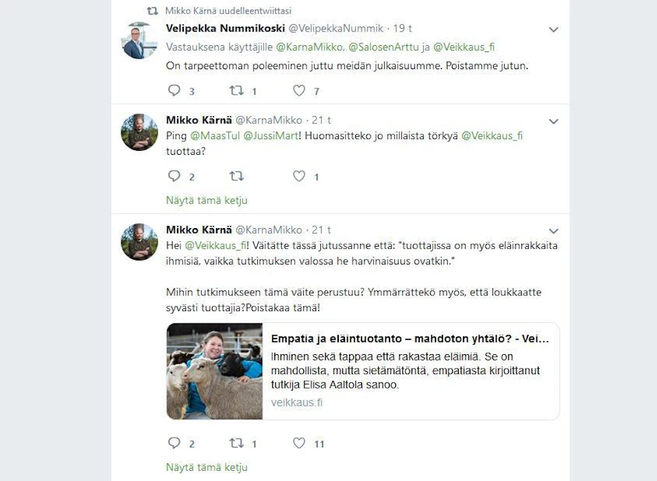 Ex-kansanedustaja MIkko Kärnä ihmetteli twiitissäään lauantaina Veikkauksen sivulla ollutta juttua karjankasvatuksesta. Pari tuntia myöhemmin juttu poistettiin sivuilta.