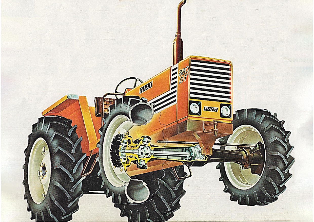 Fiat oli 60-luvulta lähtien panostanut vahvasti nelivetotekniikkaan, v.-76 tulleet mallit 780 DT ja 880 DT olivat ensimmäisiä traktoreita, joiden rakenteessa oli huomioitu 4-vetoisuus. Napavälityksien ansiosta suurikokoisista tasauspyörästöistä oli päästy jo vuosia sitten, samoin kaarroksissa paukkuvista kuulanivelistä, kaksoisristikot kestivät rasitusta moninkertaisesti. Keskilinjalla oleva niveletön käyttöakseli oli hyvässä suojassa. Fiat luotti tekniikkaansa sikäli lujasti, että järjestelmässä ei ollut minkäänlaista ylikuormitussuojaa.