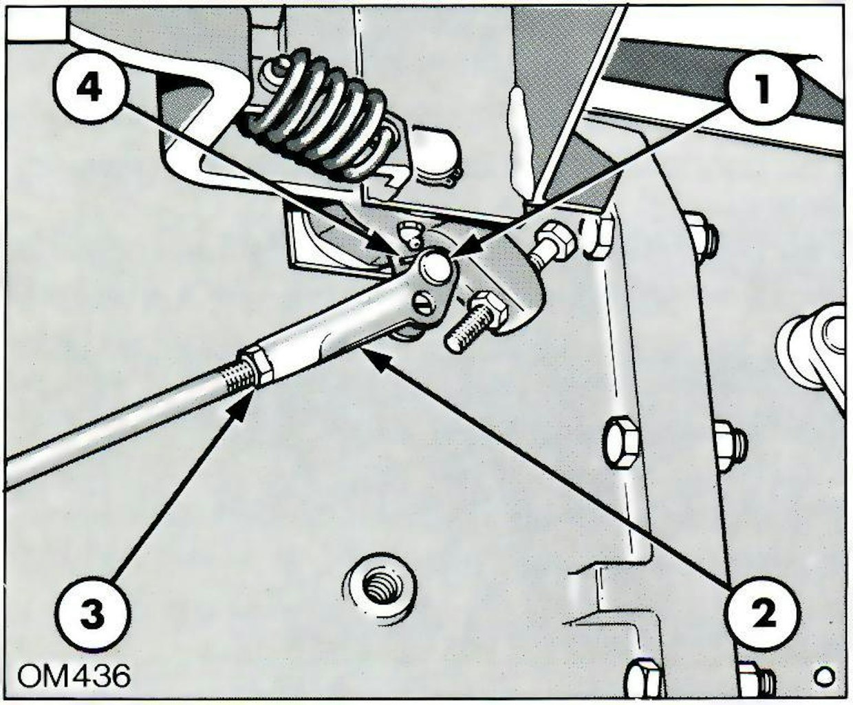 Fordin 10-sarjan S-ohjaamollisessa traktorissa polkimen vapaaliikkeen säätö tapahtuu irrottamalla sokka (4) ja niveltappi (1) ja löysäämäällä lukitusmutteri (3), jotta säätöhaarukkaa (2) pääsee pyörittämään. Suositeltu vapaaliikke on 28–41 mm.