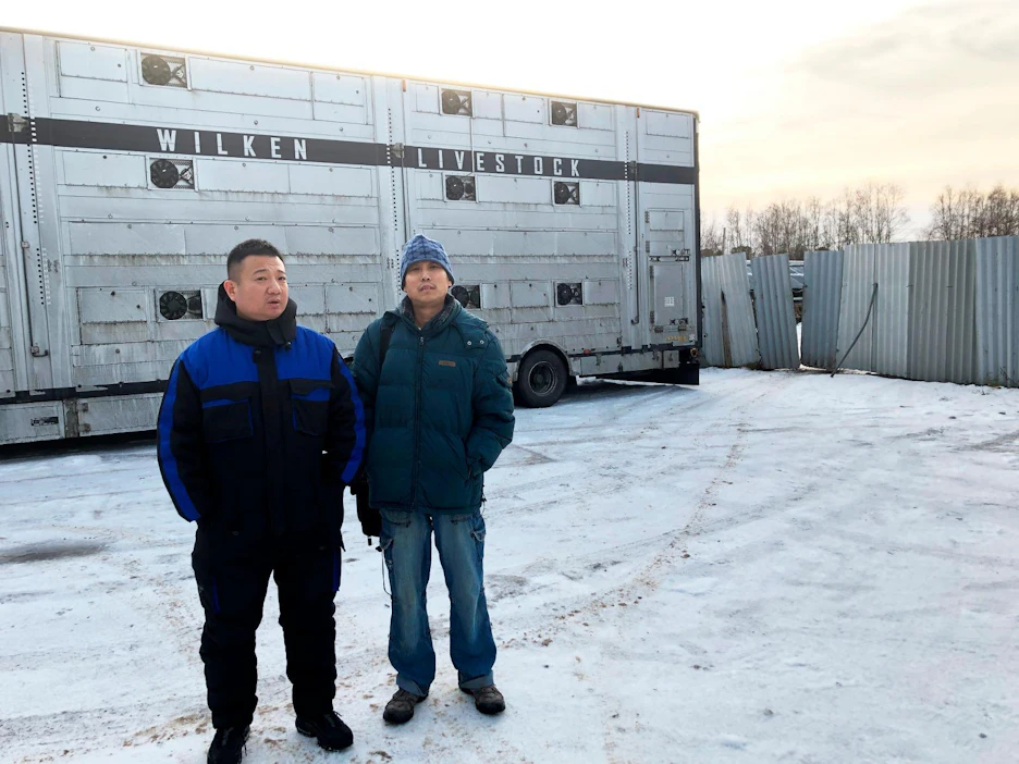 JP Turkis Oy:n hallituksen puheenjohtaja on Pan Jian Ping (vas.). Hui Zheng on yhtiön hallituksen jäsen. Kuva on otettu perjantaina 17. päivä tammikuuta, jolloin turkistarhalla oli liettualaisia eläinkuljetusautoja.