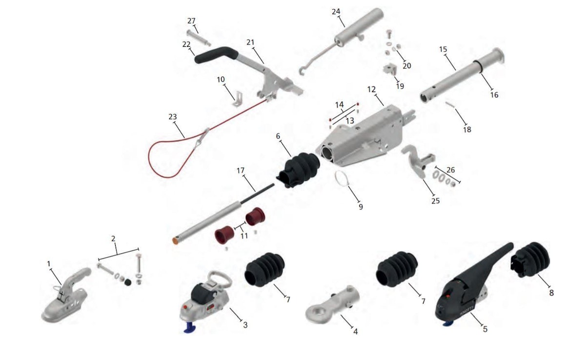 Jarrupäähän on saatavilla kattavasti varaosia. Numerolla 17 on nähtävissä vetopään sisällä oleva kaasuvaimennin. Kuulakytkin on mahdollista vaihtaa myös vetosilmukka (4) tai kitkapää (5). Kitkapää puristaa vetokuulaa ja vaimentaa kärryn liikkeitä; haittana on tavallista korkeampi hinta, auton vetokuulan ja kitkapalojen kuluminen.