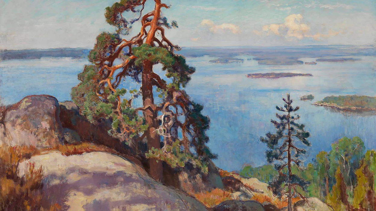 Eero Järnefelt: Maisema Kolilta, 1924. Järvi-Suomen kohteet ja etenkin Koli olivat niin taiteilijoiden kuin heräävän matkailun kärkikohteita jo 1800-luvulla. Viipurissa syntynyt ja Tuusulaan perheen perustettuaan asettunut Eero Järnefelt (1863–1937) maalasi maisemia myös keskisessä Suomessa.