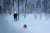 Siitä se on mennyt! Tuomo Huttu  ja pystykorvainen eräkaveri ovat  löytäneet näädän jäljet Hossassa.