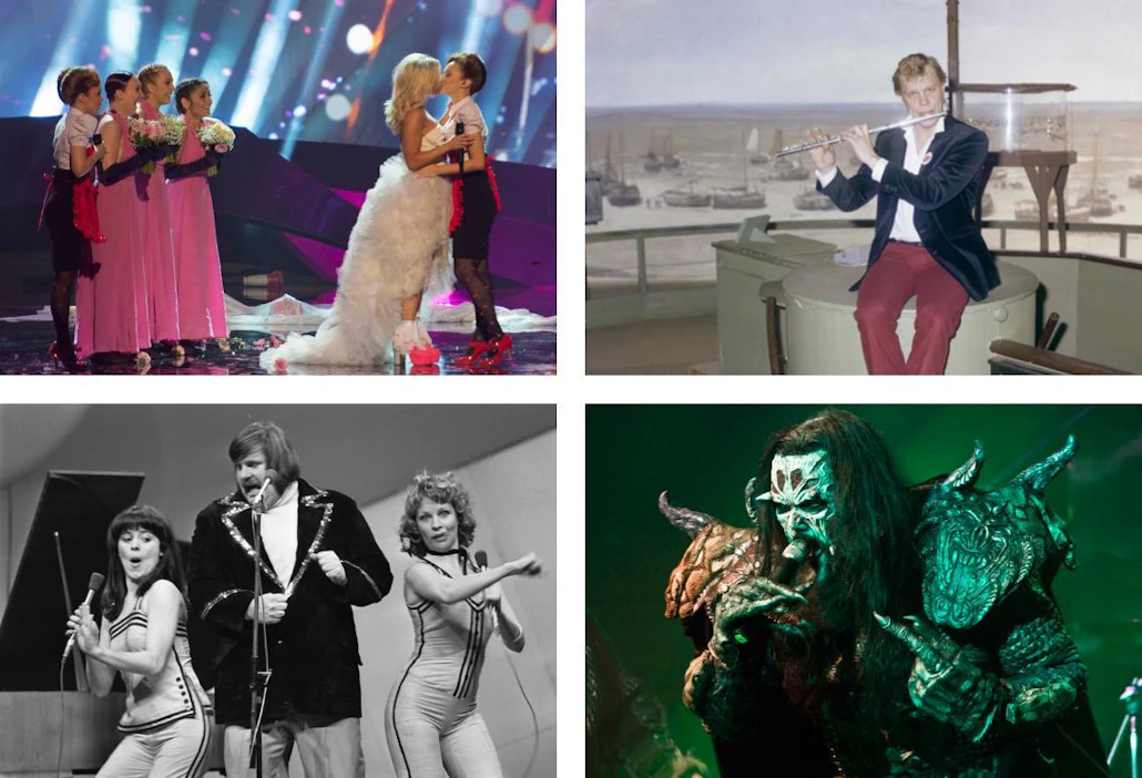 Ylärivi: Vuonna 2013 Krista Siegfrids suuteli taustalaulajaansa lavalla. Vesa-Matti Loirin esittämä Huilumies vuonna 1980 sai Euroviisuissa vain kuusi pistettä. Alarivi: Fredi esitti klassikkobiisiksi nousseen Pump pumpin 1972. Kohua herättänyt Lordin Hard Rock Hallelujah on tällä hetkellä Suomen ainoa voitto.