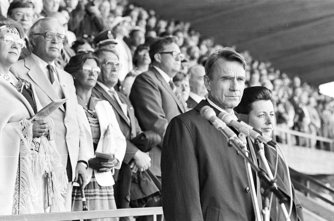 Tasavallan presidentti Mauno Koivisto ja rouva Tellervo Koivisto osallistuivat MTK:n liittokokoukseen Tampereella vuonna 1982.