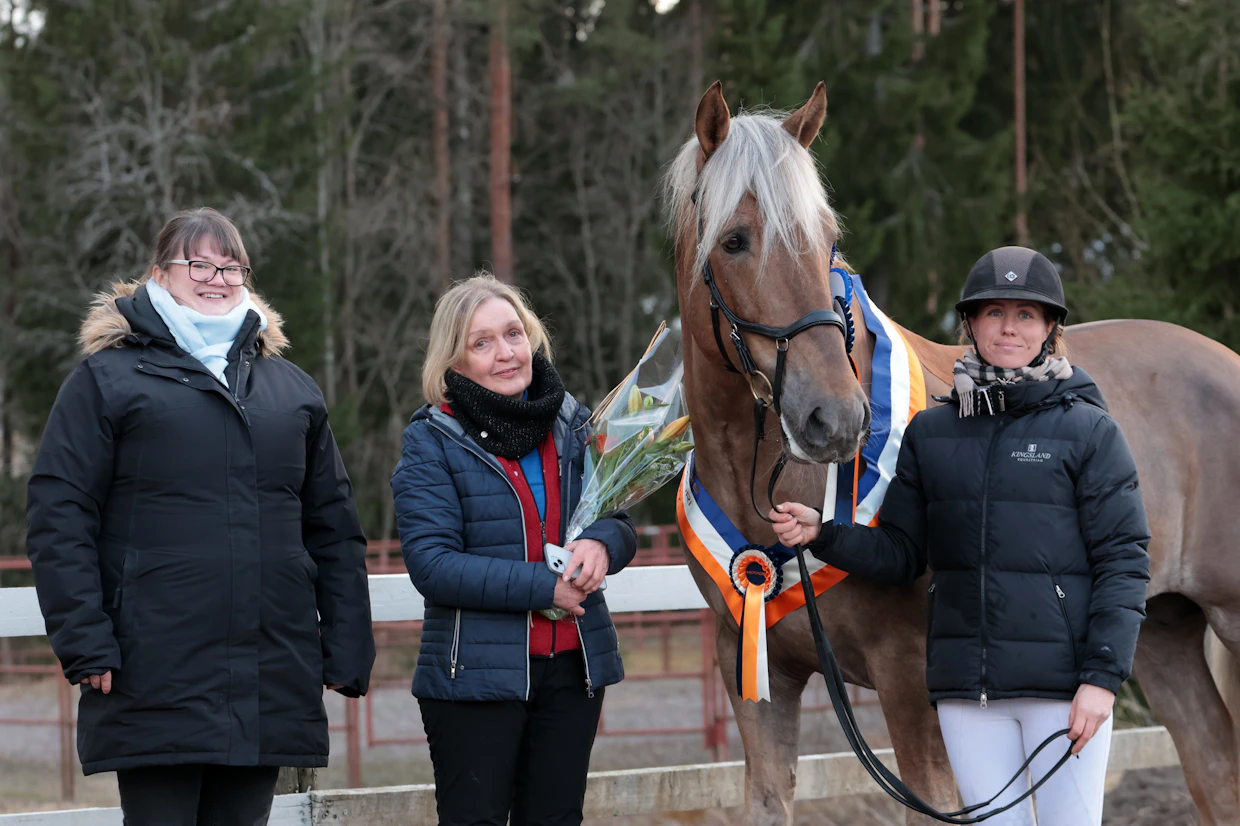 Toivolan Valekron kanssa vasemmalta kasvattaja Suvi Kari, osaomistaja Ellu Sieppi ja oriin esittäjä Kristiina Raudnagel.