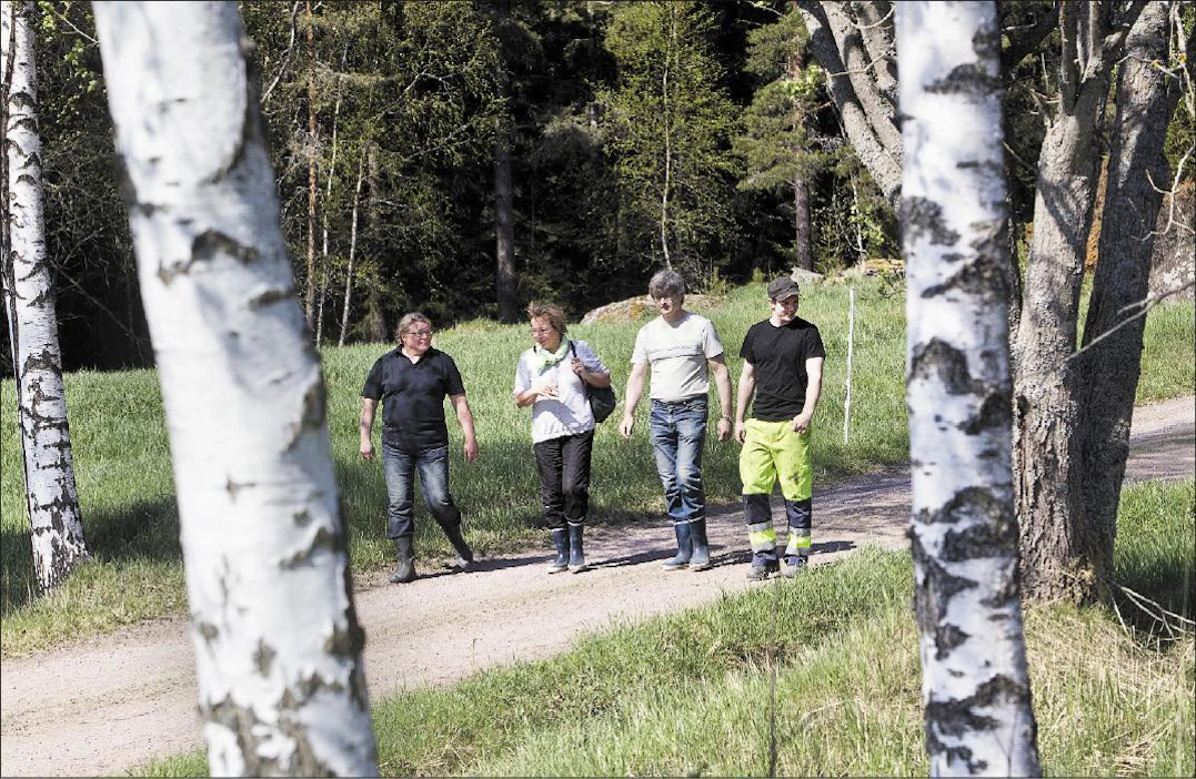 Suomen talousseuran maisemanhoidonneuvoja Riitta-Liisa Pettersson (toinen vasemmalta) on tyytyväinen Anne ja Tero Heikkilän (toinen oikealta) aikaansaannoksiin arvokkaissa luonto- ja maisemakohteissa. Heikkilöiden poika Turkka (ensimmäinen oikealla) aikoo tuoda kesäksi hevosia laiduntamaan yhdelle hoitokohteista. Kari Salonen