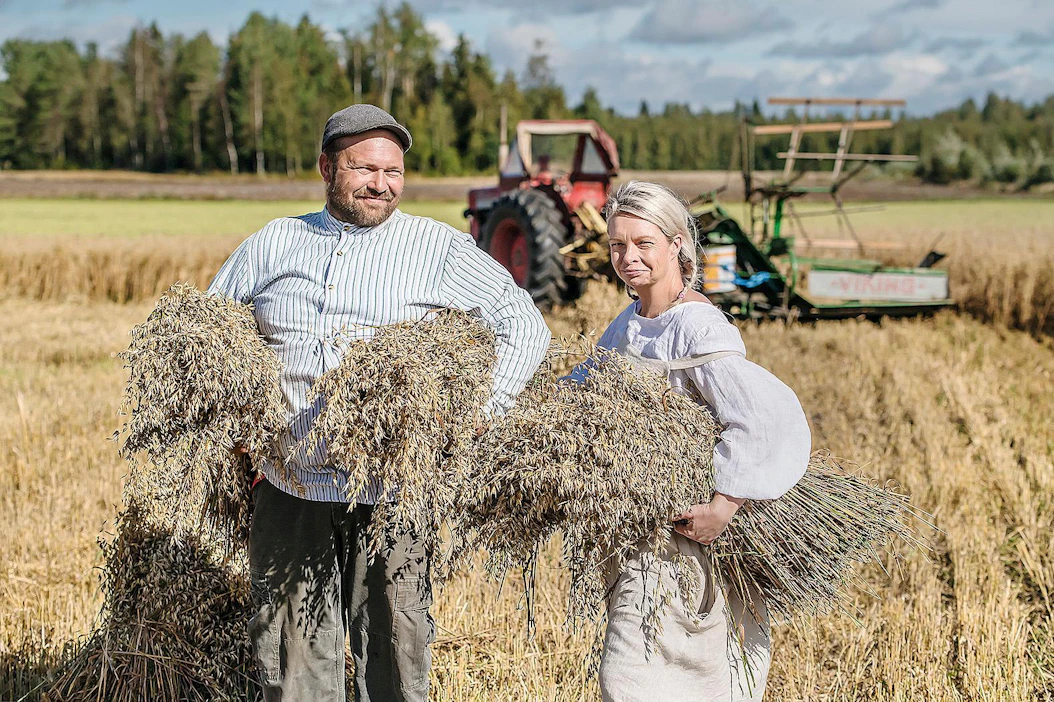 Janne Lehtinen ja Marianne Rajala lyhteiden teossa kauravainiolla Koskenkorvalla elokuussa.