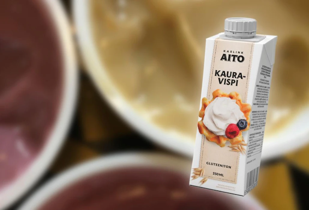 Kaurasta valmistettu sekoite toimii samalla tavoin kuin maidosta valmistettu vispikerma. Pysyvä vaahto on saatu aikaan kovetetulla palmuöljyllä.