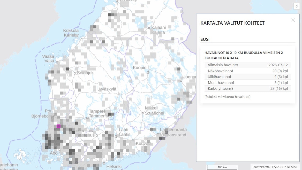 Havainnot näkyvät tietyllä tarkkuudella Luken sivuilta.