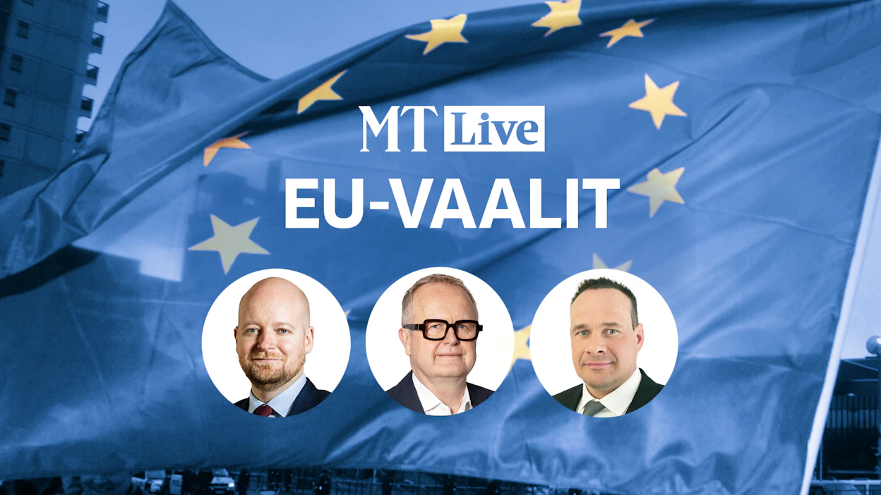 MT Liven EU-vaalikeskusteluiden kolmannessa osassa MT:n Eurooppa-kirjeenvaihtaja Tapio Nurminen (keskellä) haastaa eurovaaliehdokkaita Jussi Saramoa (vas., vasemmalla) ja Mikko Polvista (ps., oikealla).