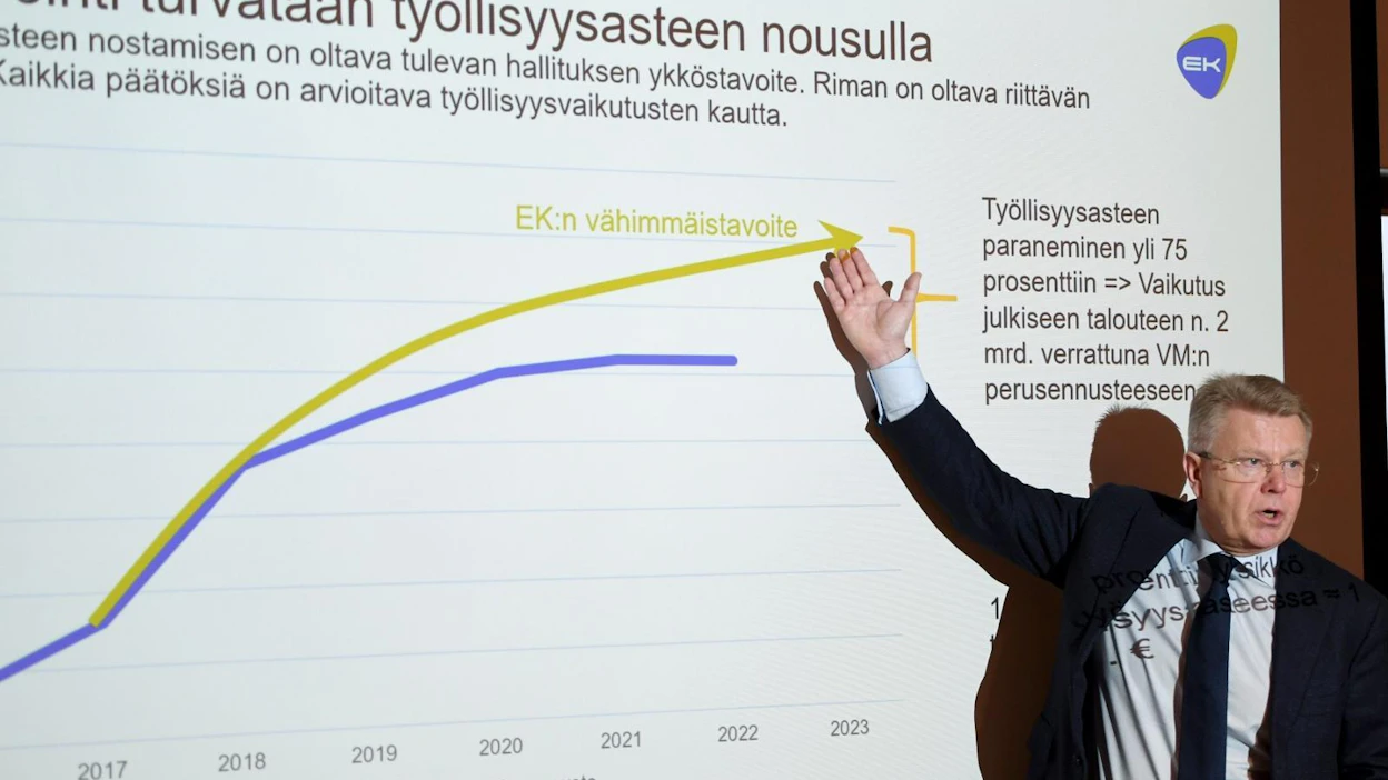 Elinkeinoelämän keskusliiton toimitusjohtaja Jyri Häkämies esitteli EK:n vaalitavoitteet, joihin kuuluu työn verotuksen keventäminen. LEHTIKUVA / ANTTI AIMO-KOIVISTO