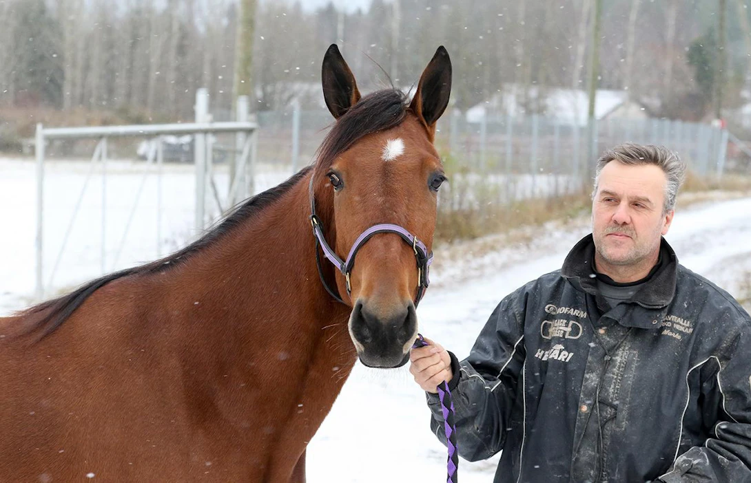 Kouvolan Raviliiga-hevonen Despina ja valmentajansa Marko Heikari.