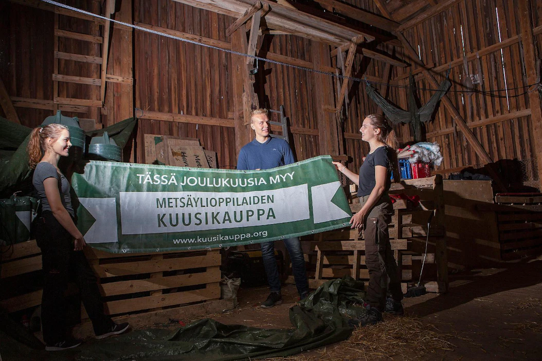 Marikki Nygård ja Veera Kuronen odottavat jo innolla töiden tekemistä ja joulukuusikaupan tuomia haasteita. Mikael Antolan mielestä edeltävän vuoden kuusikaupan on tärkeää auttaa uusia kuusikauppiaita.